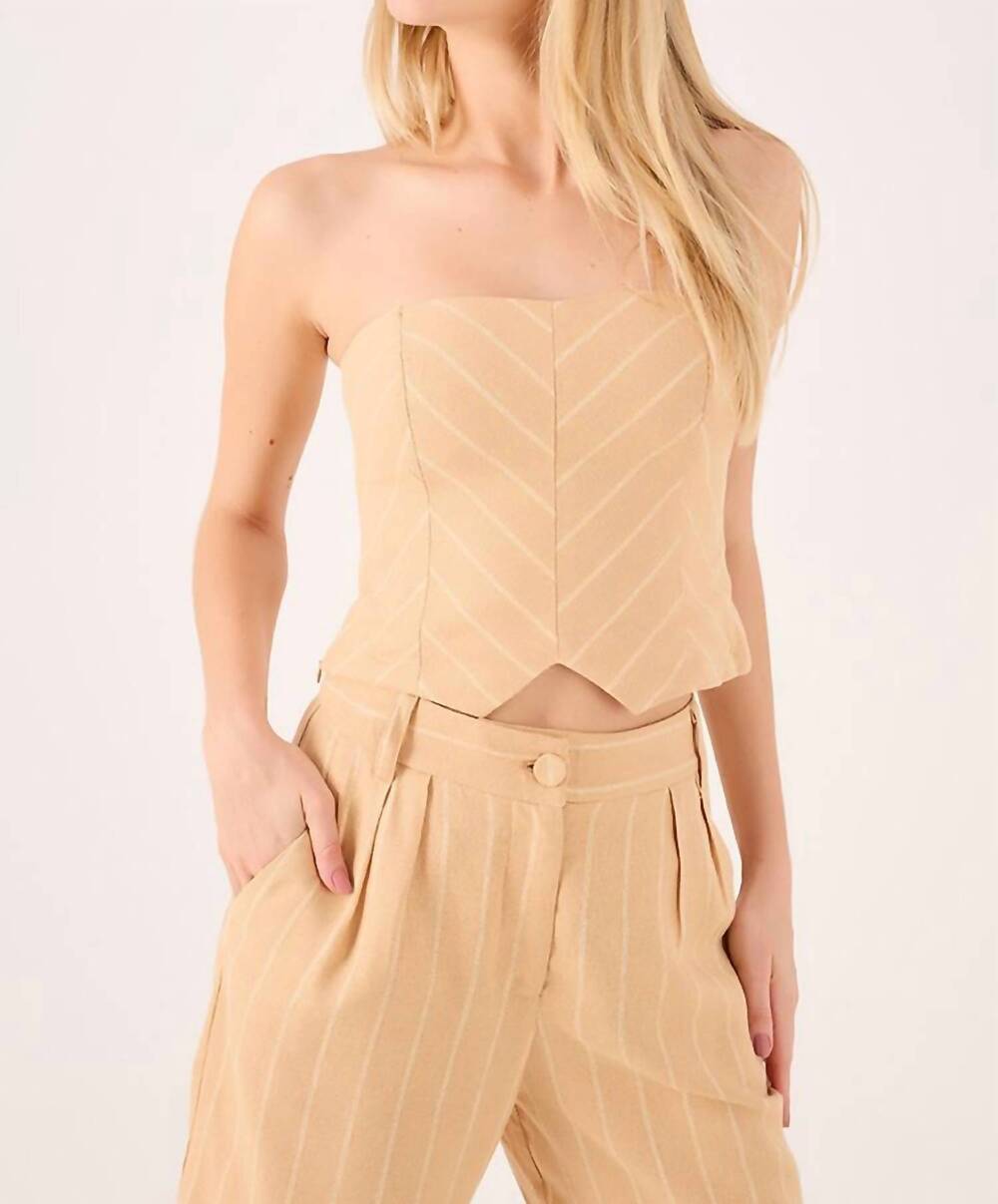 NEW DRESS TO striped linen top in dune beige
